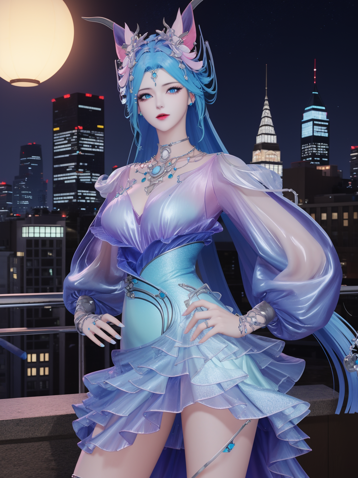 00006-1579156048-WZRYdiaochanHQG, 1girl, blue hair, solo, dress, bare legs, long hair, blue eyes, hair ornament, looking at viewer, jewelry, high.png